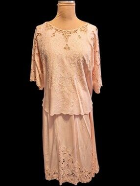 Vintage 80s Cutwork Rayon Pink 2-piece Dress Top And Skirt From Bali Resort Sz L